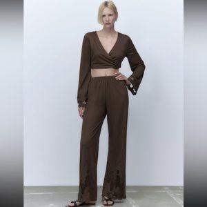 Zara 2 Piece Brown Embroidered Top & Pants Co Ord Set